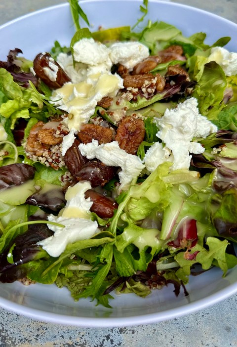 Date Salad with goat cheese, candied pecans and quinoa.